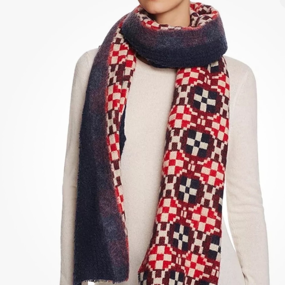 Standard Form NEW $235 Wool-Cashmere Maja Plaid Scarf; Navy Blue & Red